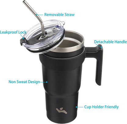 20 oz Tumbler with Handle and Straw, Insulated Travel Mug | Gum; BPA-free, leak-proof tumbler with 2 lids, 2 straws, cup holder fit for coffee, office, travel & daily use