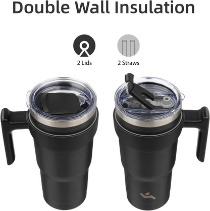 20 oz Tumbler with Handle and Straw, Insulated Travel Mug | Gum; BPA-free, leak-proof tumbler with 2 lids, 2 straws, cup holder fit for coffee, office, travel & daily use