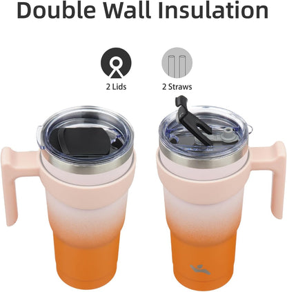 20 oz Tumbler with Handle and Straw, Insulated Travel Mug | Gum; BPA-free, leak-proof tumbler with 2 lids, 2 straws, cup holder fit for coffee, office, travel & daily use