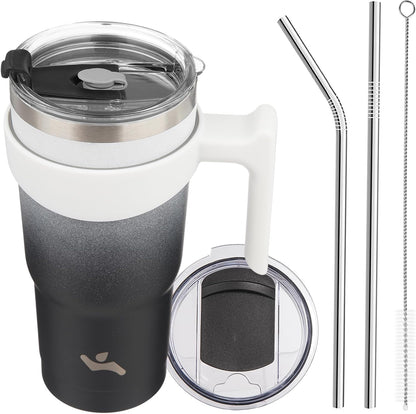 20 oz Tumbler with Handle and Straw, Insulated Travel Mug | Gum; BPA-free, leak-proof tumbler with 2 lids, 2 straws, cup holder fit for coffee, office, travel & daily use