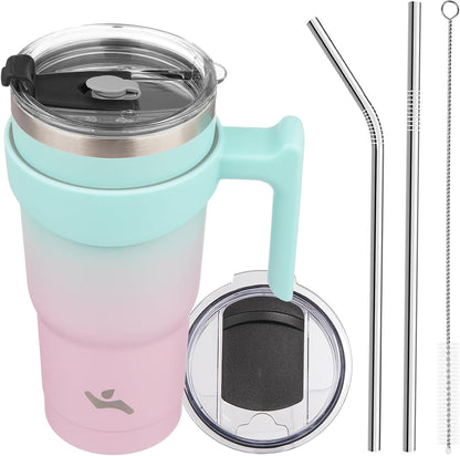 20 oz Tumbler with Handle and Straw, Insulated Travel Mug | Gum; BPA-free, leak-proof tumbler with 2 lids, 2 straws, cup holder fit for coffee, office, travel & daily use