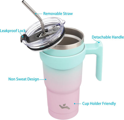20 oz Tumbler with Handle and Straw, Insulated Travel Mug | Gum; BPA-free, leak-proof tumbler with 2 lids, 2 straws, cup holder fit for coffee, office, travel & daily use