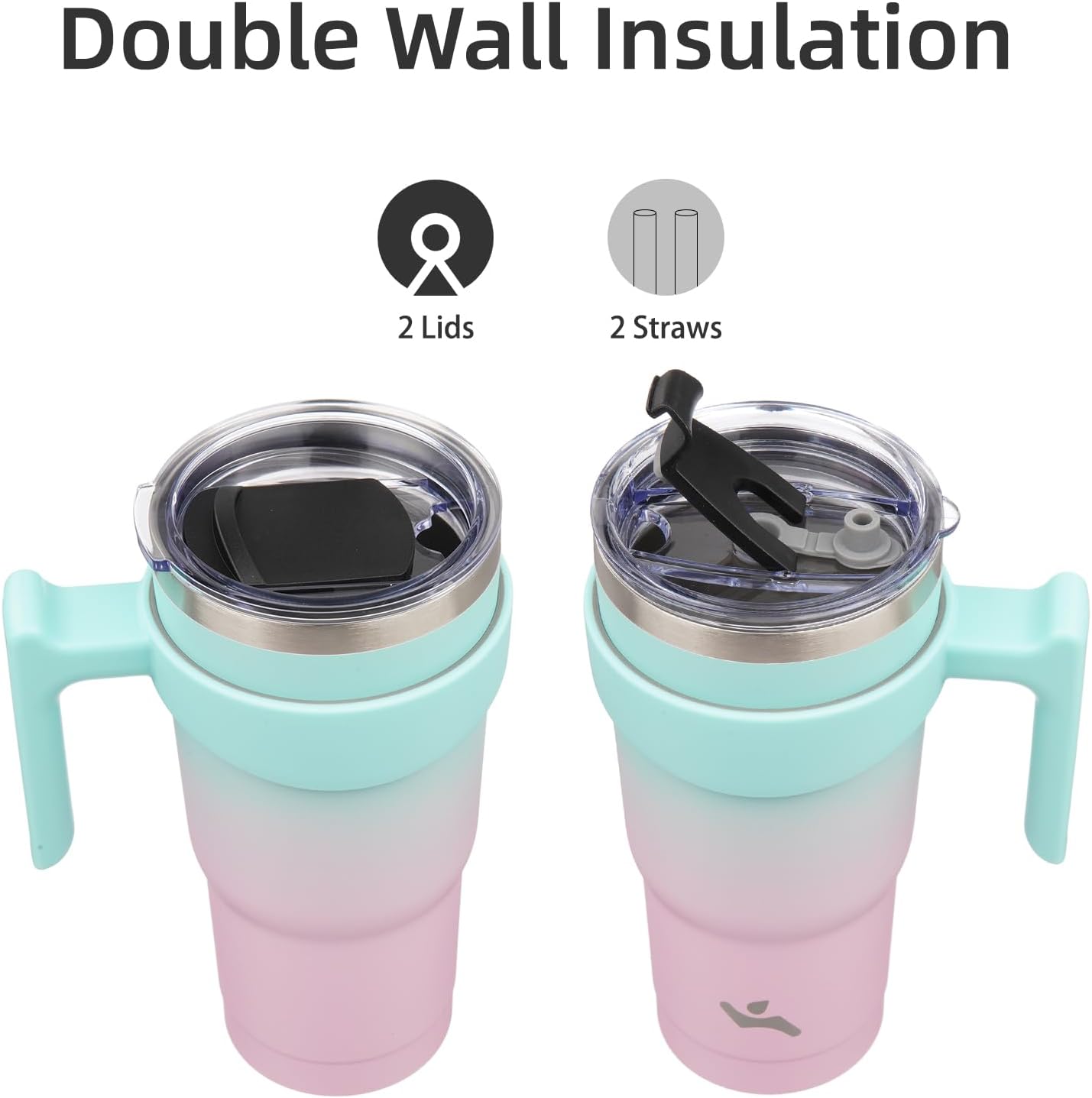 20 oz Tumbler with Handle and Straw, Insulated Travel Mug | Gum; BPA-free, leak-proof tumbler with 2 lids, 2 straws, cup holder fit for coffee, office, travel & daily use