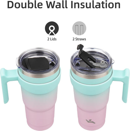 20 oz Tumbler with Handle and Straw, Insulated Travel Mug | Gum; BPA-free, leak-proof tumbler with 2 lids, 2 straws, cup holder fit for coffee, office, travel & daily use