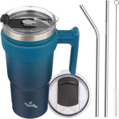 20 oz Tumbler with Handle and Straw, Insulated Travel Mug | Gum; BPA-free, leak-proof tumbler with 2 lids, 2 straws, cup holder fit for coffee, office, travel & daily use