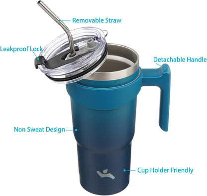 20 oz Tumbler with Handle and Straw, Insulated Travel Mug | Gum; BPA-free, leak-proof tumbler with 2 lids, 2 straws, cup holder fit for coffee, office, travel & daily use