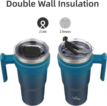 20 oz Tumbler with Handle and Straw, Insulated Travel Mug | Gum; BPA-free, leak-proof tumbler with 2 lids, 2 straws, cup holder fit for coffee, office, travel & daily use