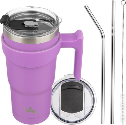 20 oz Tumbler with Handle and Straw, Insulated Travel Mug | Gum; BPA-free, leak-proof tumbler with 2 lids, 2 straws, cup holder fit for coffee, office, travel & daily use