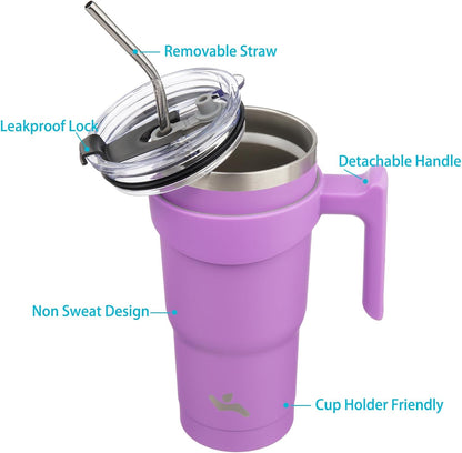 20 oz Tumbler with Handle and Straw, Insulated Travel Mug | Gum; BPA-free, leak-proof tumbler with 2 lids, 2 straws, cup holder fit for coffee, office, travel & daily use