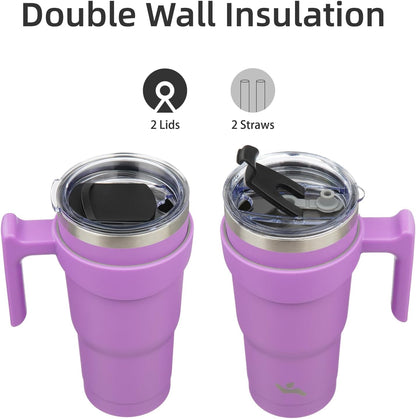 20 oz Tumbler with Handle and Straw, Insulated Travel Mug | Gum; BPA-free, leak-proof tumbler with 2 lids, 2 straws, cup holder fit for coffee, office, travel & daily use