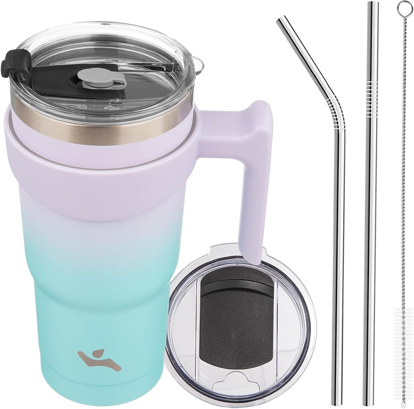 20 oz Tumbler with Handle and Straw, Insulated Travel Mug | Gum; BPA-free, leak-proof tumbler with 2 lids, 2 straws, cup holder fit for coffee, office, travel & daily use