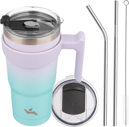 20 oz Tumbler with Handle and Straw, Insulated Travel Mug | Gum; BPA-free, leak-proof tumbler with 2 lids, 2 straws, cup holder fit for coffee, office, travel & daily use