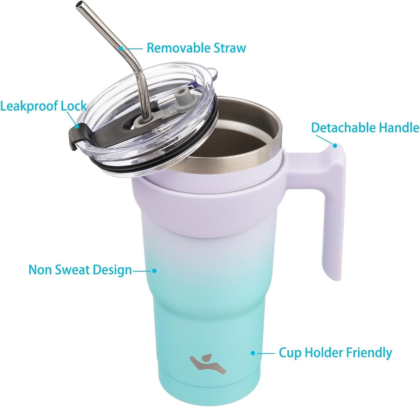 20 oz Tumbler with Handle and Straw, Insulated Travel Mug | Gum; BPA-free, leak-proof tumbler with 2 lids, 2 straws, cup holder fit for coffee, office, travel & daily use