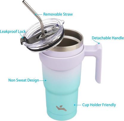 20 oz Tumbler with Handle and Straw, Insulated Travel Mug | Gum; BPA-free, leak-proof tumbler with 2 lids, 2 straws, cup holder fit for coffee, office, travel & daily use