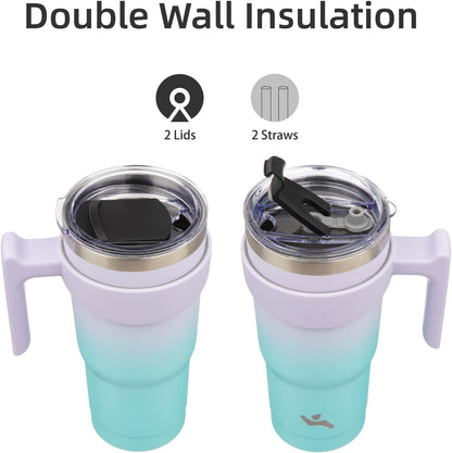 20 oz Tumbler with Handle and Straw, Insulated Travel Mug | Gum; BPA-free, leak-proof tumbler with 2 lids, 2 straws, cup holder fit for coffee, office, travel & daily use