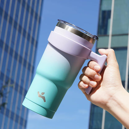 20 oz Tumbler with Handle and Straw, Insulated Travel Mug | Gum; BPA-free, leak-proof tumbler with 2 lids, 2 straws, cup holder fit for coffee, office, travel & daily use