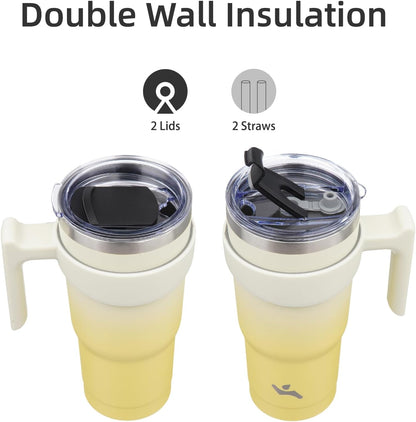 20 oz Tumbler with Handle and Straw, Insulated Travel Mug | Gum; BPA-free, leak-proof tumbler with 2 lids, 2 straws, cup holder fit for coffee, office, travel & daily use