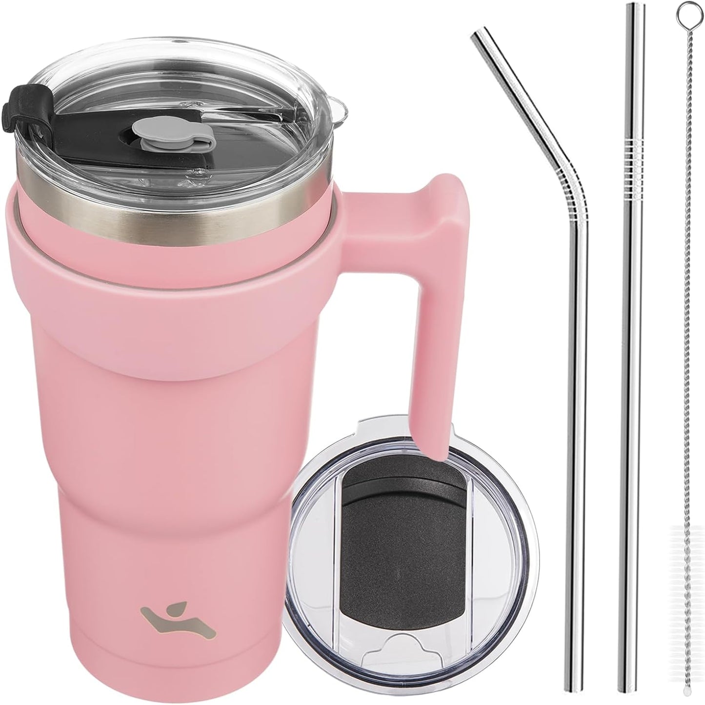 20 oz Tumbler with Handle and Straw, Insulated Travel Mug | Gum; BPA-free, leak-proof tumbler with 2 lids, 2 straws, cup holder fit for coffee, office, travel & daily use