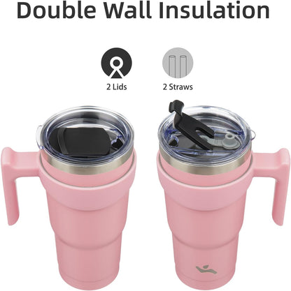 20 oz Tumbler with Handle and Straw, Insulated Travel Mug | Gum; BPA-free, leak-proof tumbler with 2 lids, 2 straws, cup holder fit for coffee, office, travel & daily use