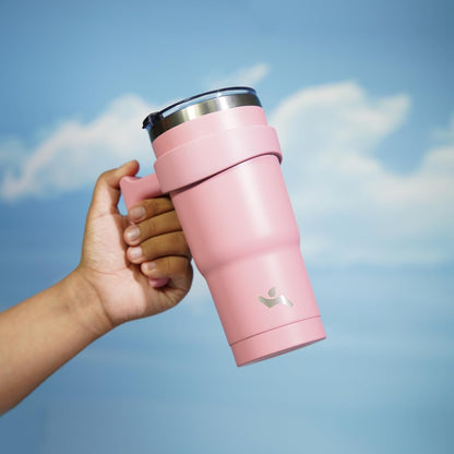 20 oz Tumbler with Handle and Straw, Insulated Travel Mug | Gum; BPA-free, leak-proof tumbler with 2 lids, 2 straws, cup holder fit for coffee, office, travel & daily use