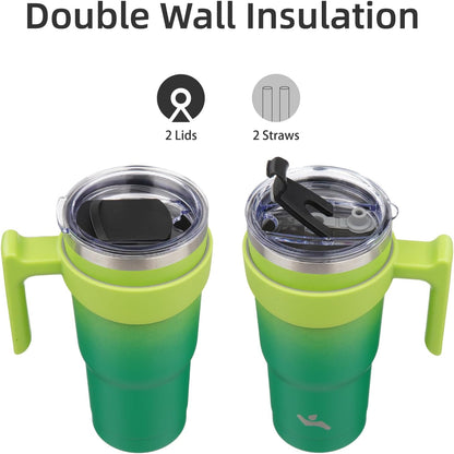 20 oz Tumbler with Handle and Straw, Insulated Travel Mug | Gum; BPA-free, leak-proof tumbler with 2 lids, 2 straws, cup holder fit for coffee, office, travel & daily use