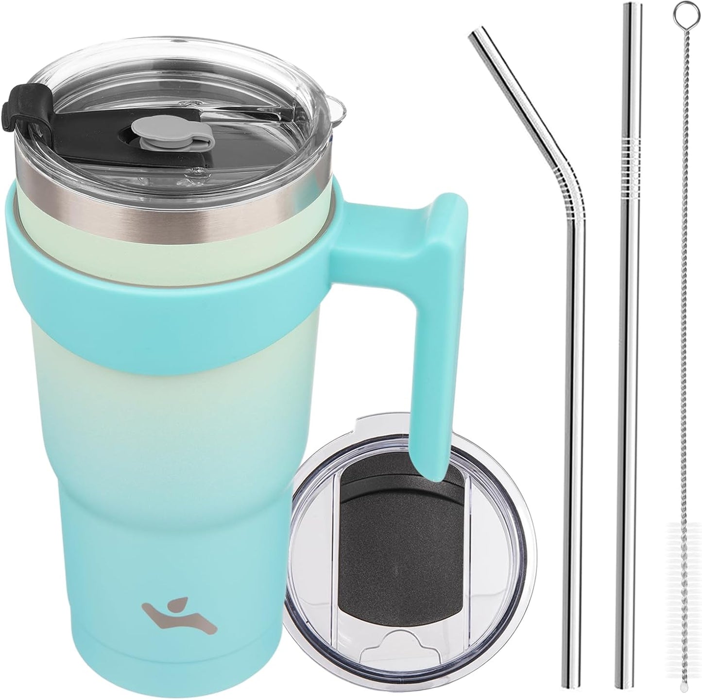 20 oz Tumbler with Handle and Straw, Insulated Travel Mug | Gum; BPA-free, leak-proof tumbler with 2 lids, 2 straws, cup holder fit for coffee, office, travel & daily use