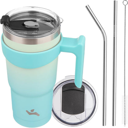 20 oz Tumbler with Handle and Straw, Insulated Travel Mug | Gum; BPA-free, leak-proof tumbler with 2 lids, 2 straws, cup holder fit for coffee, office, travel & daily use