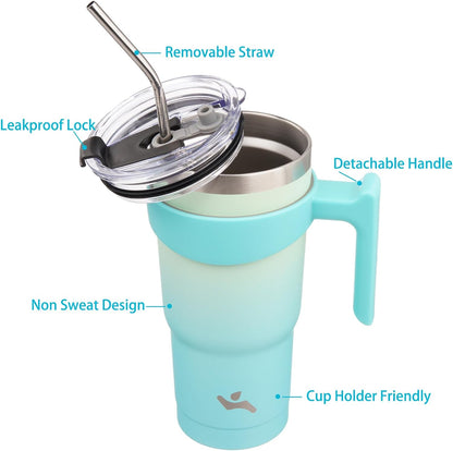 20 oz Tumbler with Handle and Straw, Insulated Travel Mug | Gum; BPA-free, leak-proof tumbler with 2 lids, 2 straws, cup holder fit for coffee, office, travel & daily use