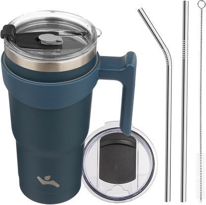 20 oz Tumbler with Handle and Straw, Insulated Travel Mug | Gum; BPA-free, leak-proof tumbler with 2 lids, 2 straws, cup holder fit for coffee, office, travel & daily use