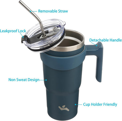 20 oz Tumbler with Handle and Straw, Insulated Travel Mug | Gum; BPA-free, leak-proof tumbler with 2 lids, 2 straws, cup holder fit for coffee, office, travel & daily use