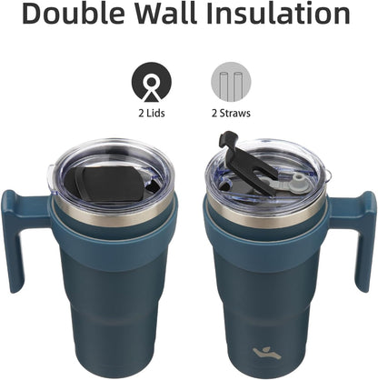 20 oz Tumbler with Handle and Straw, Insulated Travel Mug | Gum; BPA-free, leak-proof tumbler with 2 lids, 2 straws, cup holder fit for coffee, office, travel & daily use