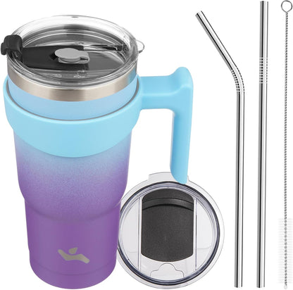 20 oz Tumbler with Handle and Straw, Insulated Travel Mug | Gum; BPA-free, leak-proof tumbler with 2 lids, 2 straws, cup holder fit for coffee, office, travel & daily use