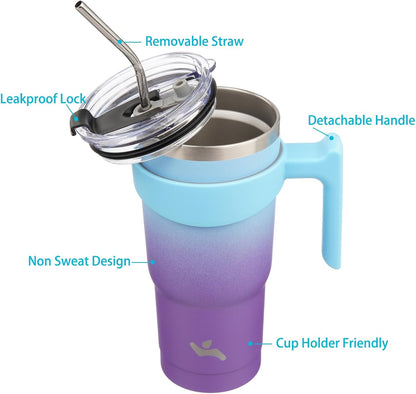 20 oz Tumbler with Handle and Straw, Insulated Travel Mug | Gum; BPA-free, leak-proof tumbler with 2 lids, 2 straws, cup holder fit for coffee, office, travel & daily use