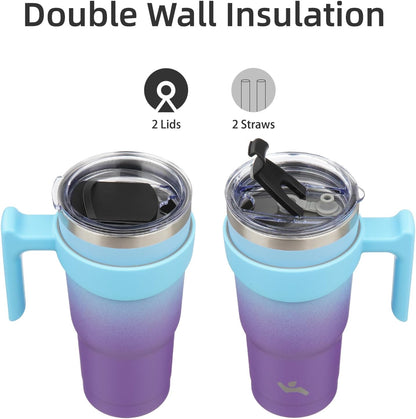 20 oz Tumbler with Handle and Straw, Insulated Travel Mug | Gum; BPA-free, leak-proof tumbler with 2 lids, 2 straws, cup holder fit for coffee, office, travel & daily use