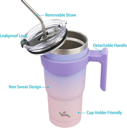20 oz Tumbler with Handle and Straw, Insulated Travel Mug | Gum; BPA-free, leak-proof tumbler with 2 lids, 2 straws, cup holder fit for coffee, office, travel & daily use