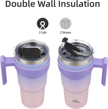 20 oz Tumbler with Handle and Straw, Insulated Travel Mug | Gum; BPA-free, leak-proof tumbler with 2 lids, 2 straws, cup holder fit for coffee, office, travel & daily use