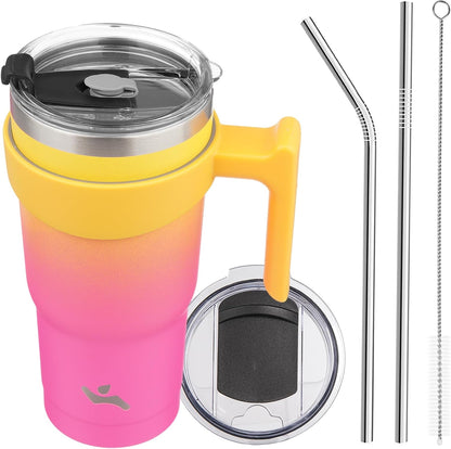 20 oz Tumbler with Handle and Straw, Insulated Travel Mug | Gum; BPA-free, leak-proof tumbler with 2 lids, 2 straws, cup holder fit for coffee, office, travel & daily use