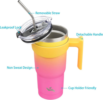 20 oz Tumbler with Handle and Straw, Insulated Travel Mug | Gum; BPA-free, leak-proof tumbler with 2 lids, 2 straws, cup holder fit for coffee, office, travel & daily use