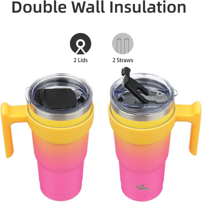 20 oz Tumbler with Handle and Straw, Insulated Travel Mug | Gum; BPA-free, leak-proof tumbler with 2 lids, 2 straws, cup holder fit for coffee, office, travel & daily use