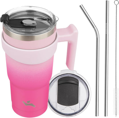 20 oz Tumbler with Handle and Straw, Insulated Travel Mug | Gum; BPA-free, leak-proof tumbler with 2 lids, 2 straws, cup holder fit for coffee, office, travel & daily use