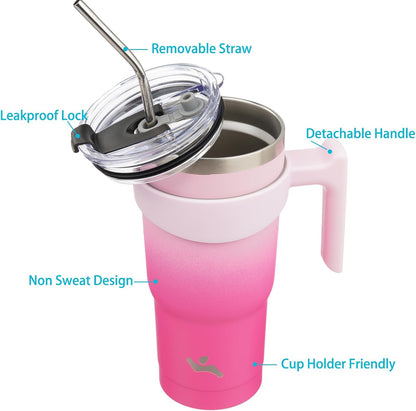 20 oz Tumbler with Handle and Straw, Insulated Travel Mug | Gum; BPA-free, leak-proof tumbler with 2 lids, 2 straws, cup holder fit for coffee, office, travel & daily use
