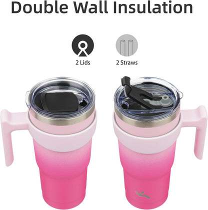 20 oz Tumbler with Handle and Straw, Insulated Travel Mug | Gum; BPA-free, leak-proof tumbler with 2 lids, 2 straws, cup holder fit for coffee, office, travel & daily use