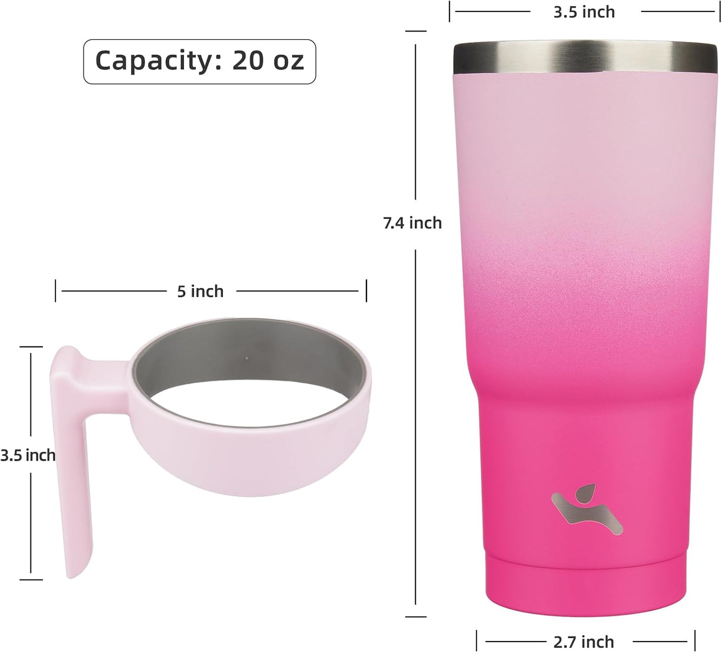 20 oz Tumbler with Handle and Straw, Insulated Travel Mug | Gum; BPA-free, leak-proof tumbler with 2 lids, 2 straws, cup holder fit for coffee, office, travel & daily use