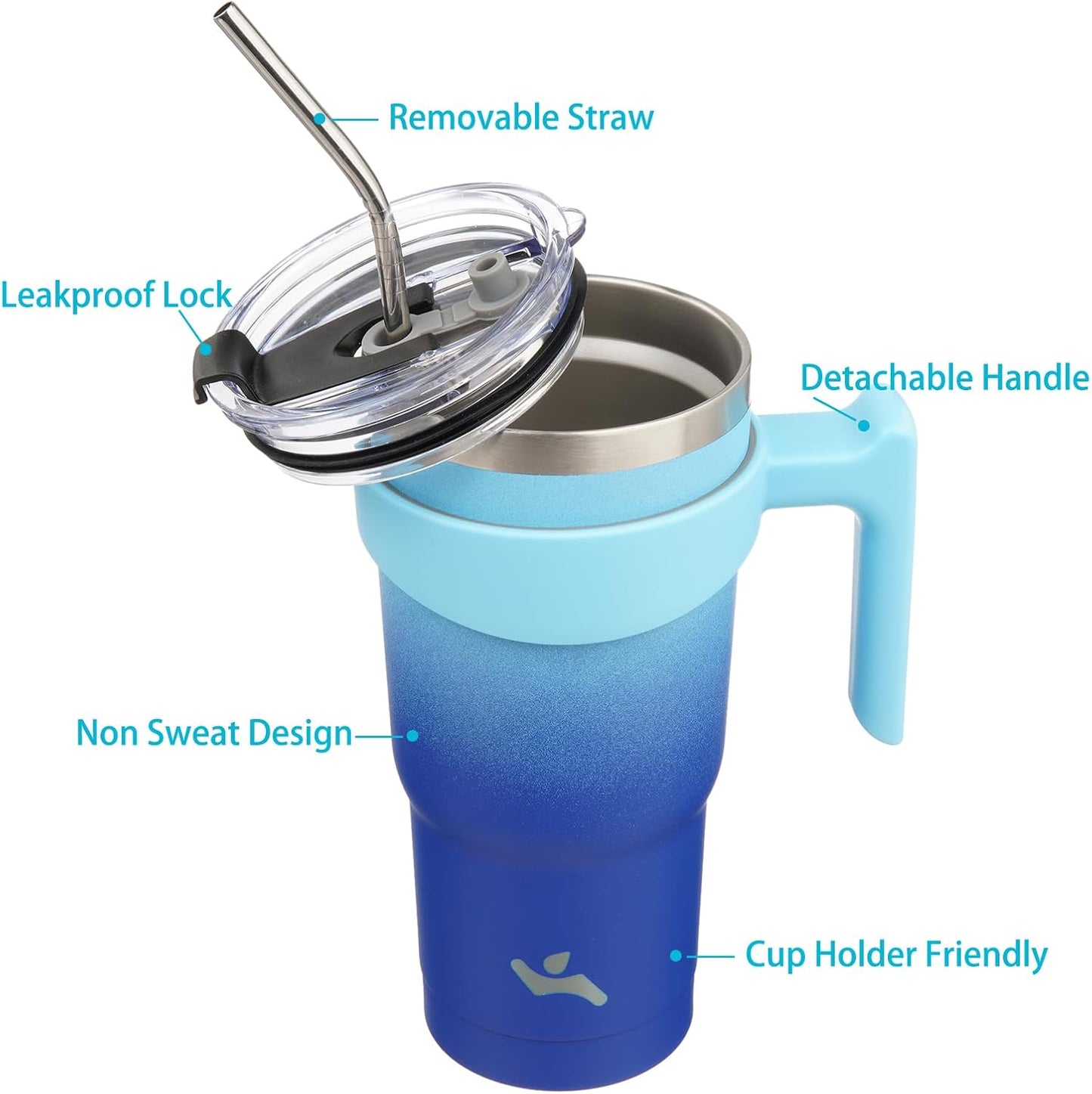 20 oz Tumbler with Handle and Straw, Insulated Travel Mug | Gum; BPA-free, leak-proof tumbler with 2 lids, 2 straws, cup holder fit for coffee, office, travel & daily use