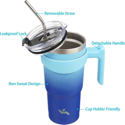 20 oz Tumbler with Handle and Straw, Insulated Travel Mug | Gum; BPA-free, leak-proof tumbler with 2 lids, 2 straws, cup holder fit for coffee, office, travel & daily use