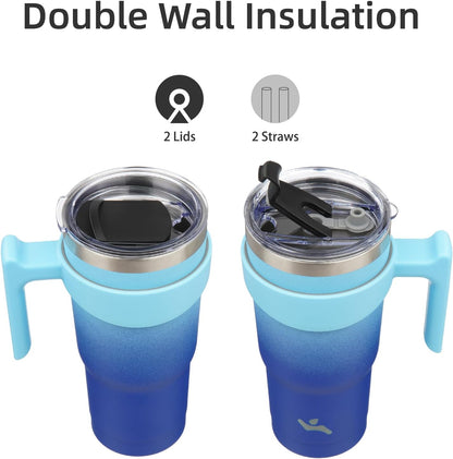 20 oz Tumbler with Handle and Straw, Insulated Travel Mug | Gum; BPA-free, leak-proof tumbler with 2 lids, 2 straws, cup holder fit for coffee, office, travel & daily use