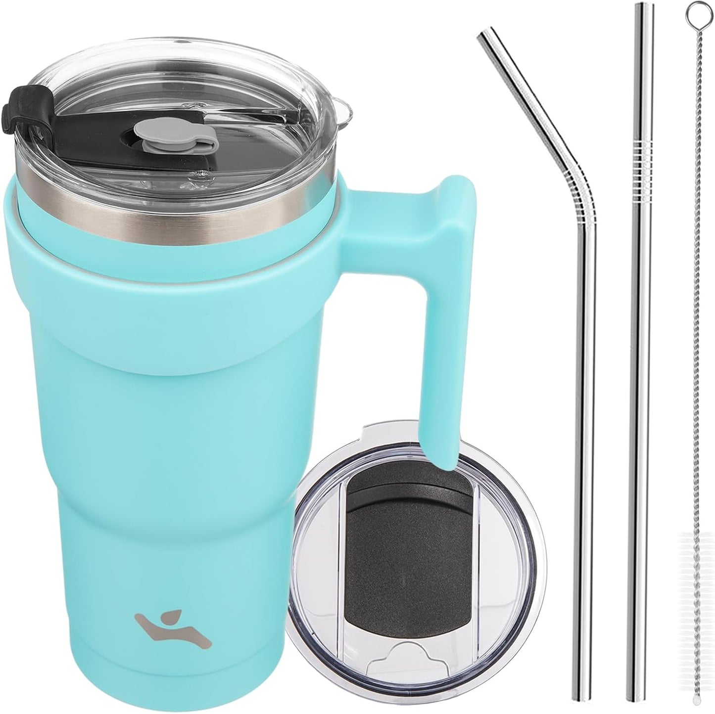 20 oz Tumbler with Handle and Straw, Insulated Travel Mug | Gum; BPA-free, leak-proof tumbler with 2 lids, 2 straws, cup holder fit for coffee, office, travel & daily use