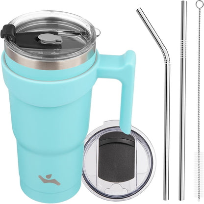 20 oz Tumbler with Handle and Straw, Insulated Travel Mug | Gum; BPA-free, leak-proof tumbler with 2 lids, 2 straws, cup holder fit for coffee, office, travel & daily use
