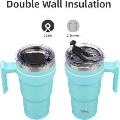 20 oz Tumbler with Handle and Straw, Insulated Travel Mug | Gum; BPA-free, leak-proof tumbler with 2 lids, 2 straws, cup holder fit for coffee, office, travel & daily use