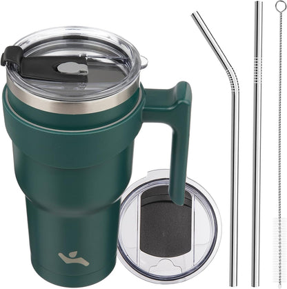 20 oz Tumbler with Handle and Straw, Insulated Travel Mug | Gum; BPA-free, leak-proof tumbler with 2 lids, 2 straws, cup holder fit for coffee, office, travel & daily use